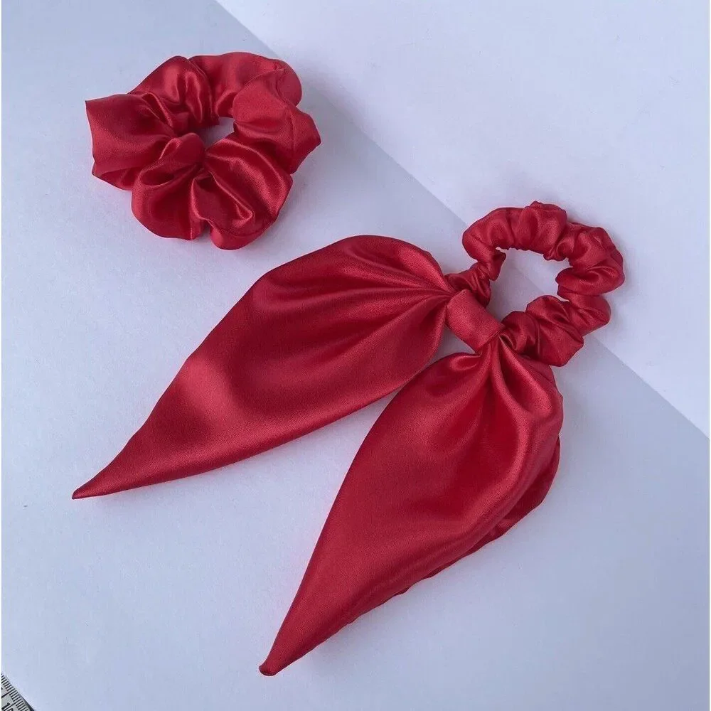 2 New Women Hair Satin Scrunchie Hair Tie Red